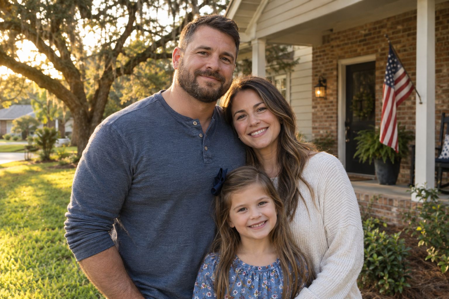 A veteran and his family smiling on the front porch of their new home