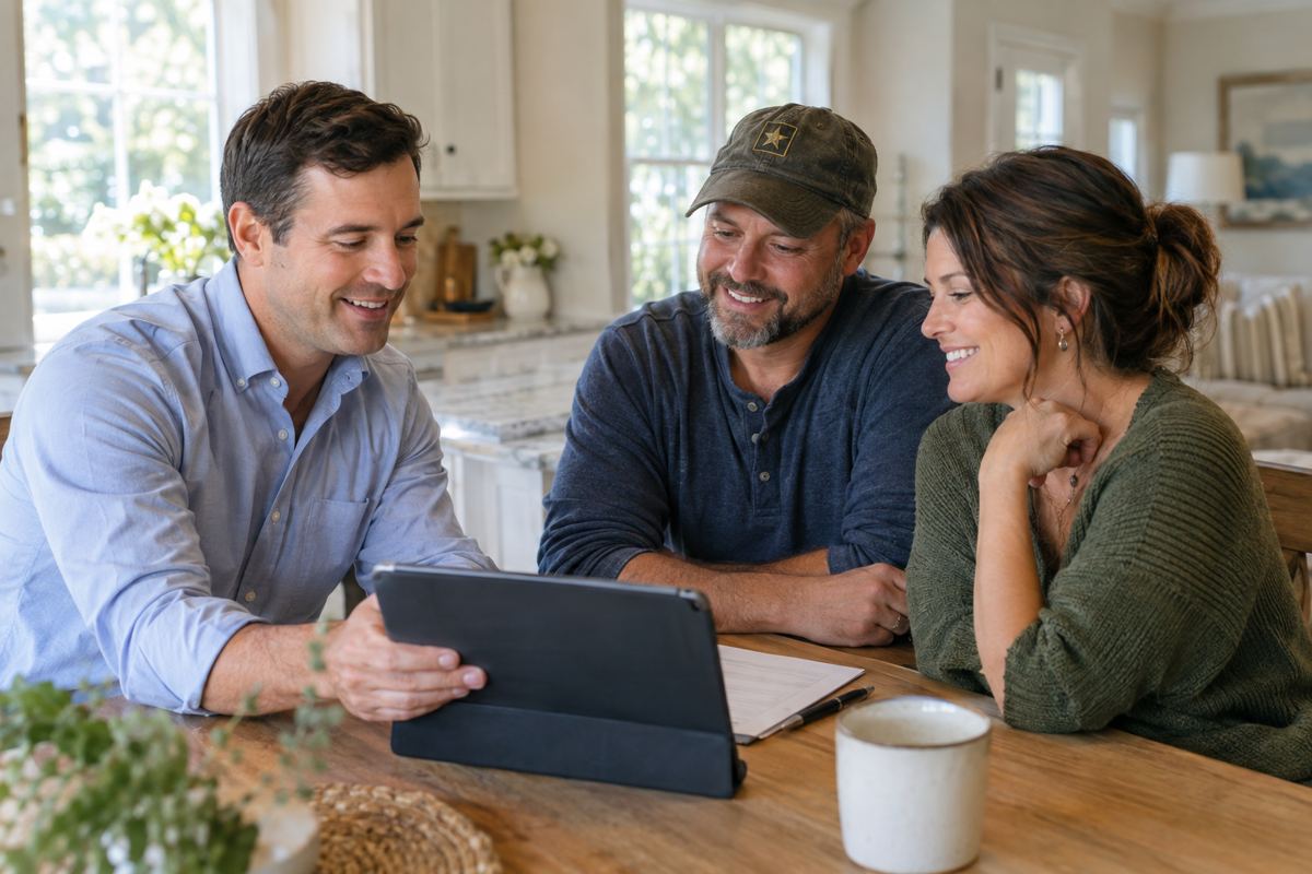 A Digital Mortgage loan officer reviewing VA loan options with a veteran couple at their kitchen table